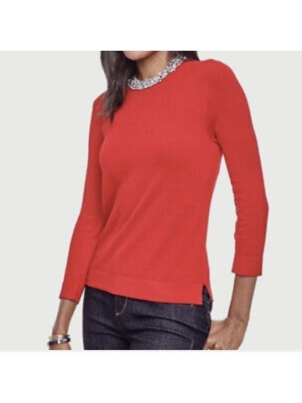 Ann Taylor Petite Crystal Jeweled Rhinestone Collar Sweater In Red